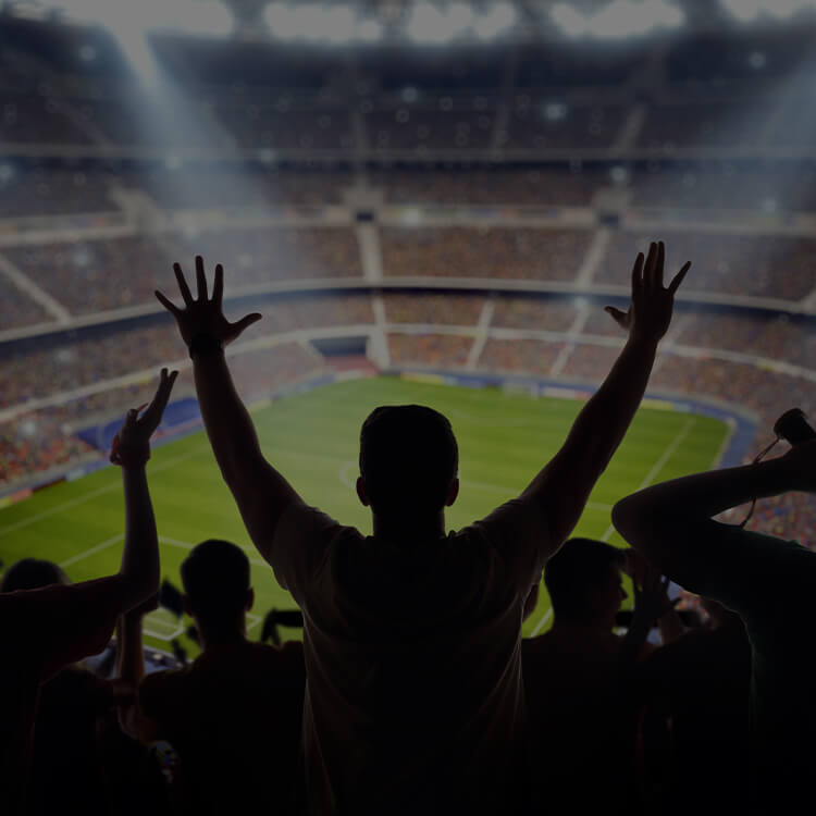 Gruppo ti tifosi allo stadio con le mani al cielo