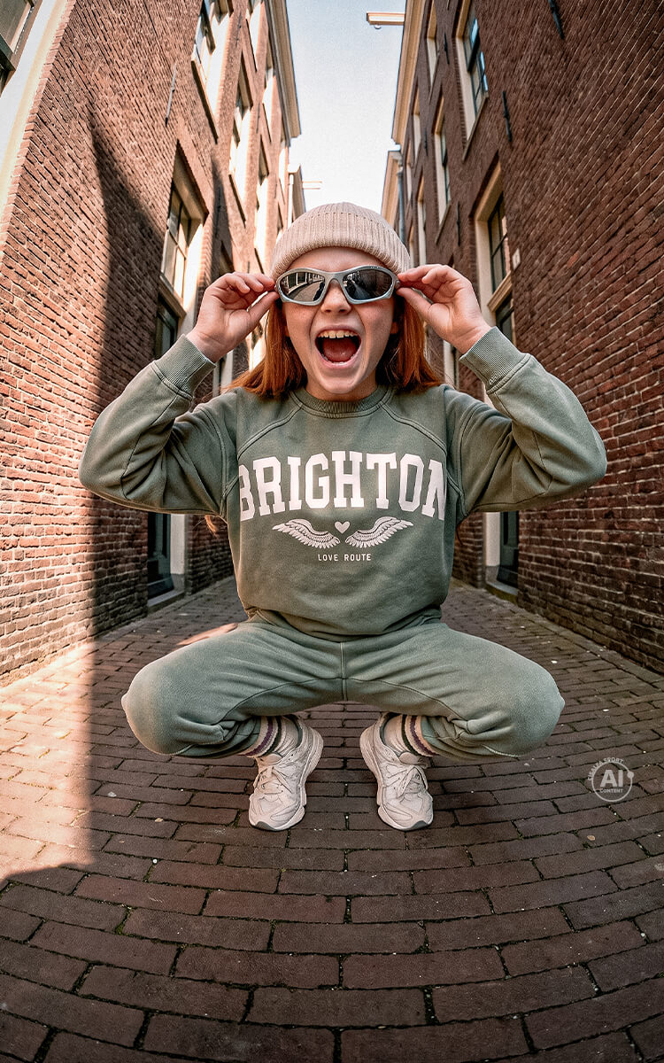 Ragazza che indossa outfit tuta verde Miaemme