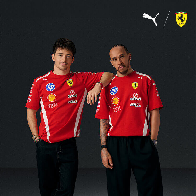 Leclerc e Hamilton che indossano abbigliamento Puma x Ferrari