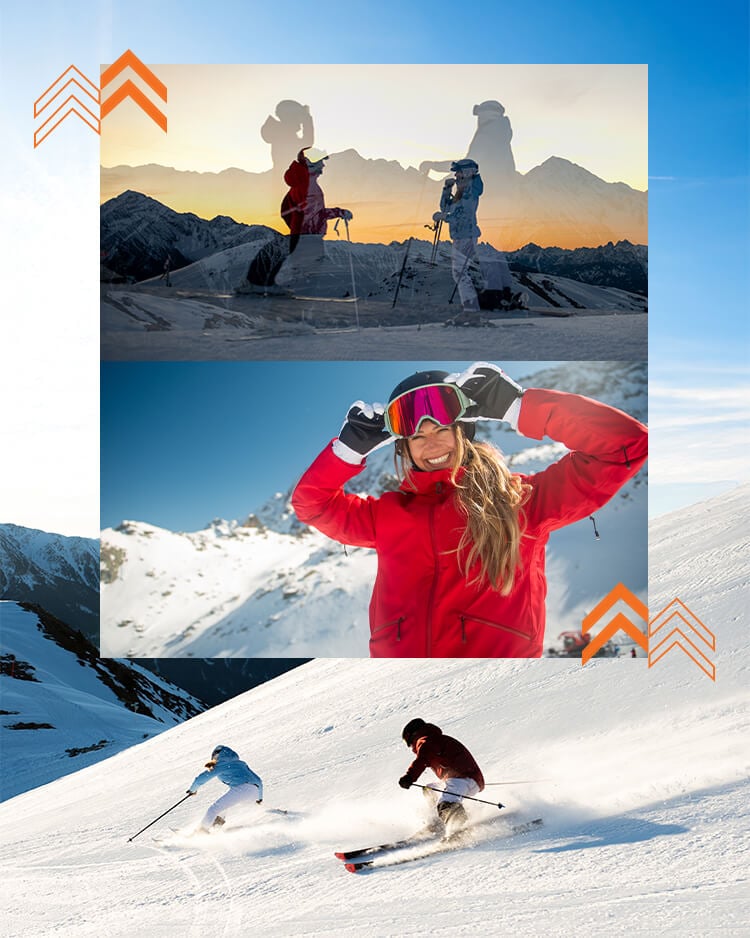 Due ragazze che sciano in alta montagna