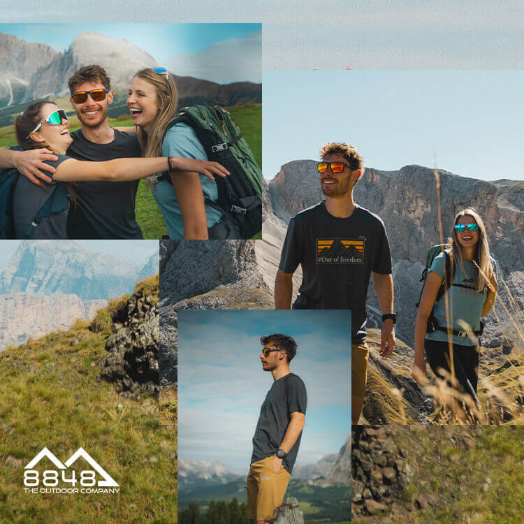 Gruppo di persone che fa attivit&agrave; in montagna vestita con abbigliamento e scarpe 8848 Outdoor