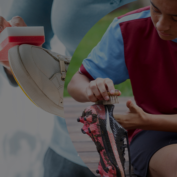Ragazza che pulisce un paio di sneakers bianche e scarpe da calcio