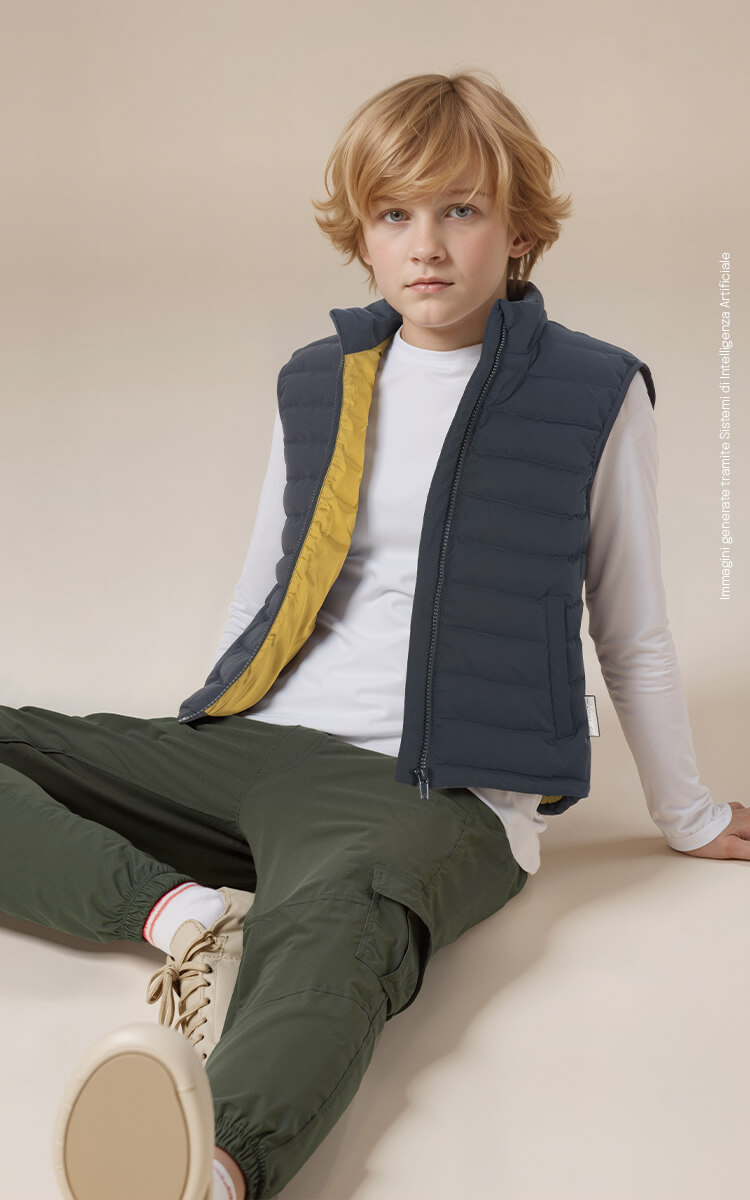 Bambino biondo vestito con abbigliamento admiral: maglia bianca, smanicato blu e pantalone cargo verde militare.