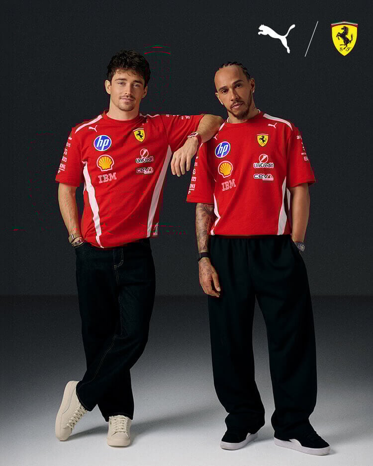 Leclerc e Hamilton che indossano abbigliamento Puma x Ferrari