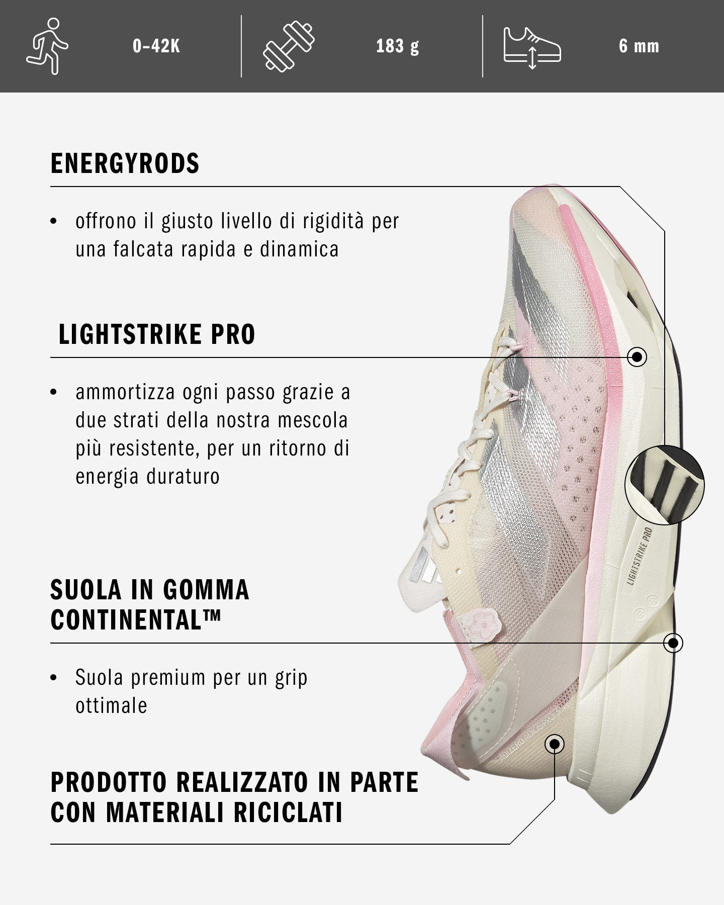 Scarpe running ADIDAS ADIZERO ADIOS PRO 3 W - Bianco - 1 | Cisalfa Sport