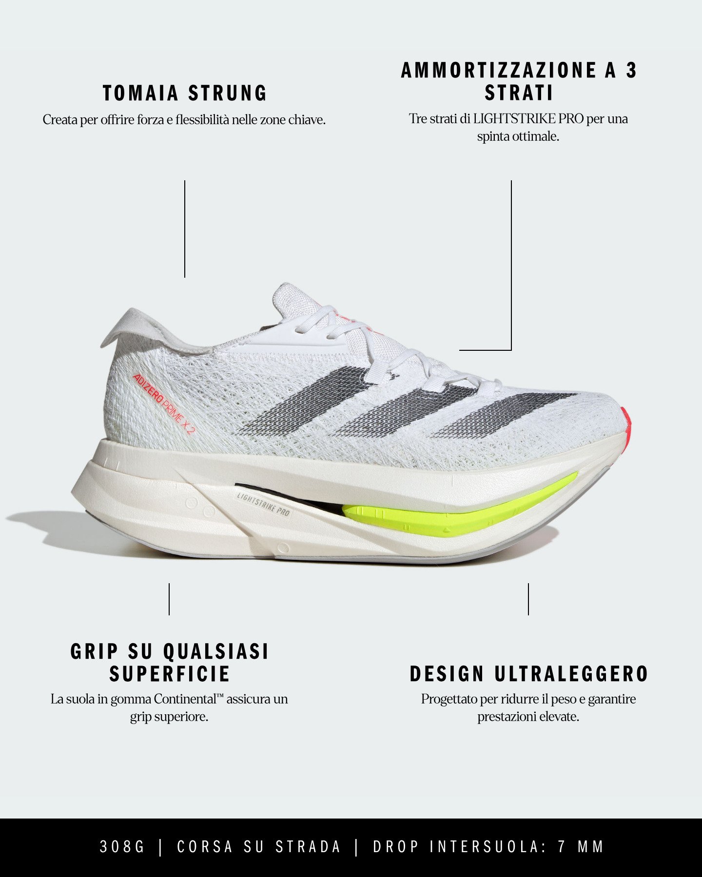 Scarpe running ADIDAS ADIZERO PRIME X 2 STRUNG M - Bianco - 6 | Cisalfa Sport