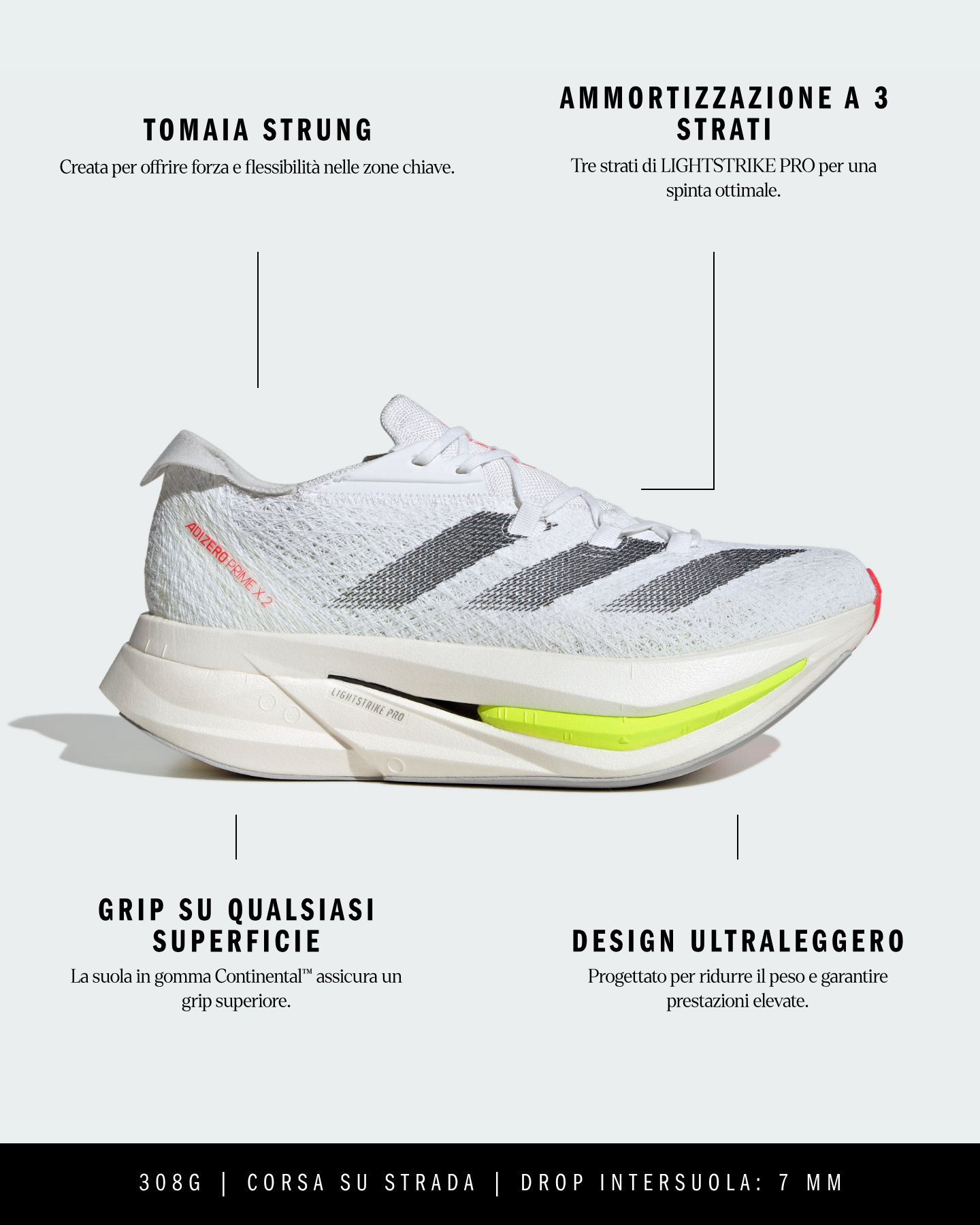 Scarpe running ADIDAS ADIZERO PRIME X 2 STRUNG M - Bianco - 6 | Cisalfa Sport