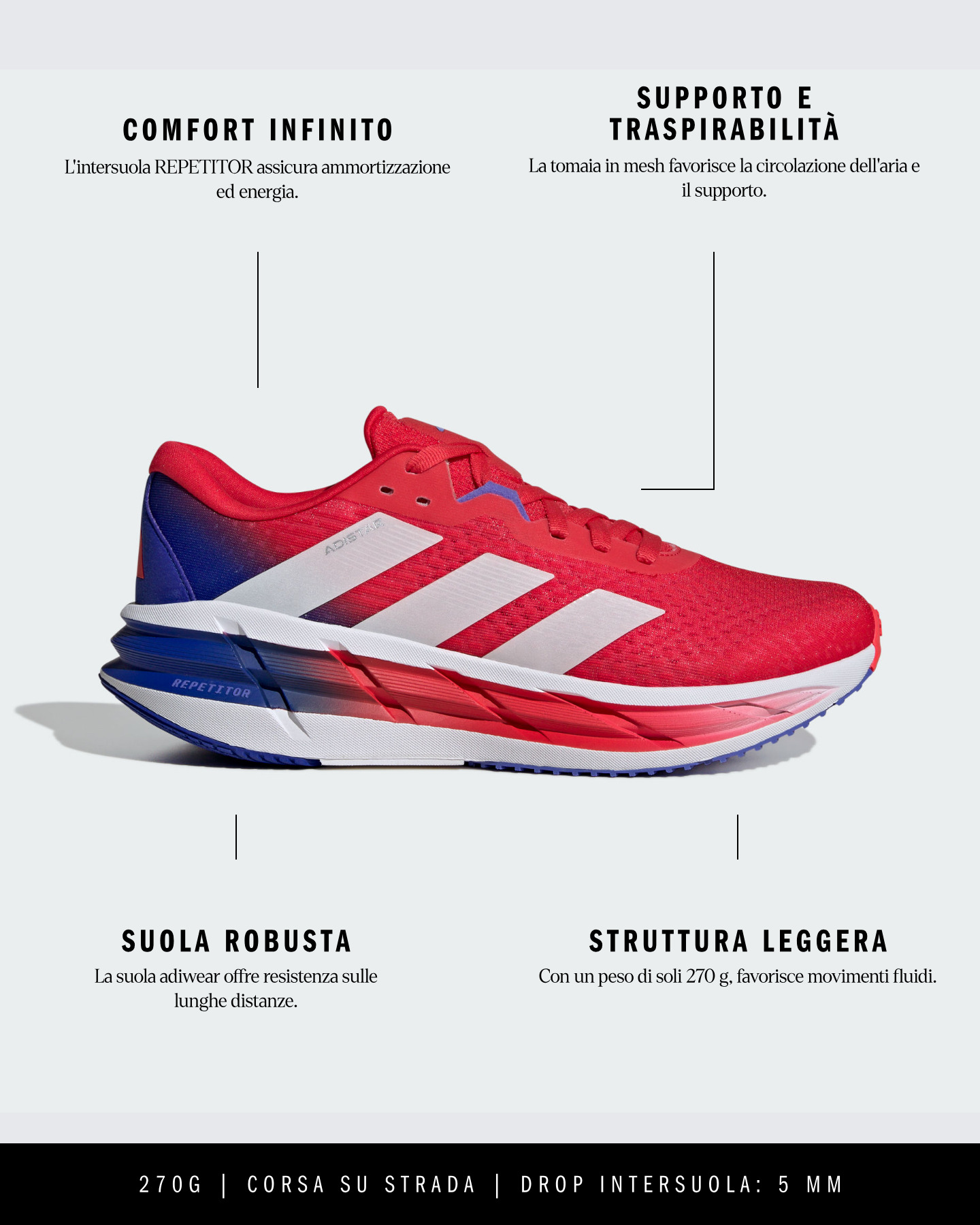 Scarpe running ADIDAS ADISTAR 3 M - Rosso - 6 | Cisalfa Sport