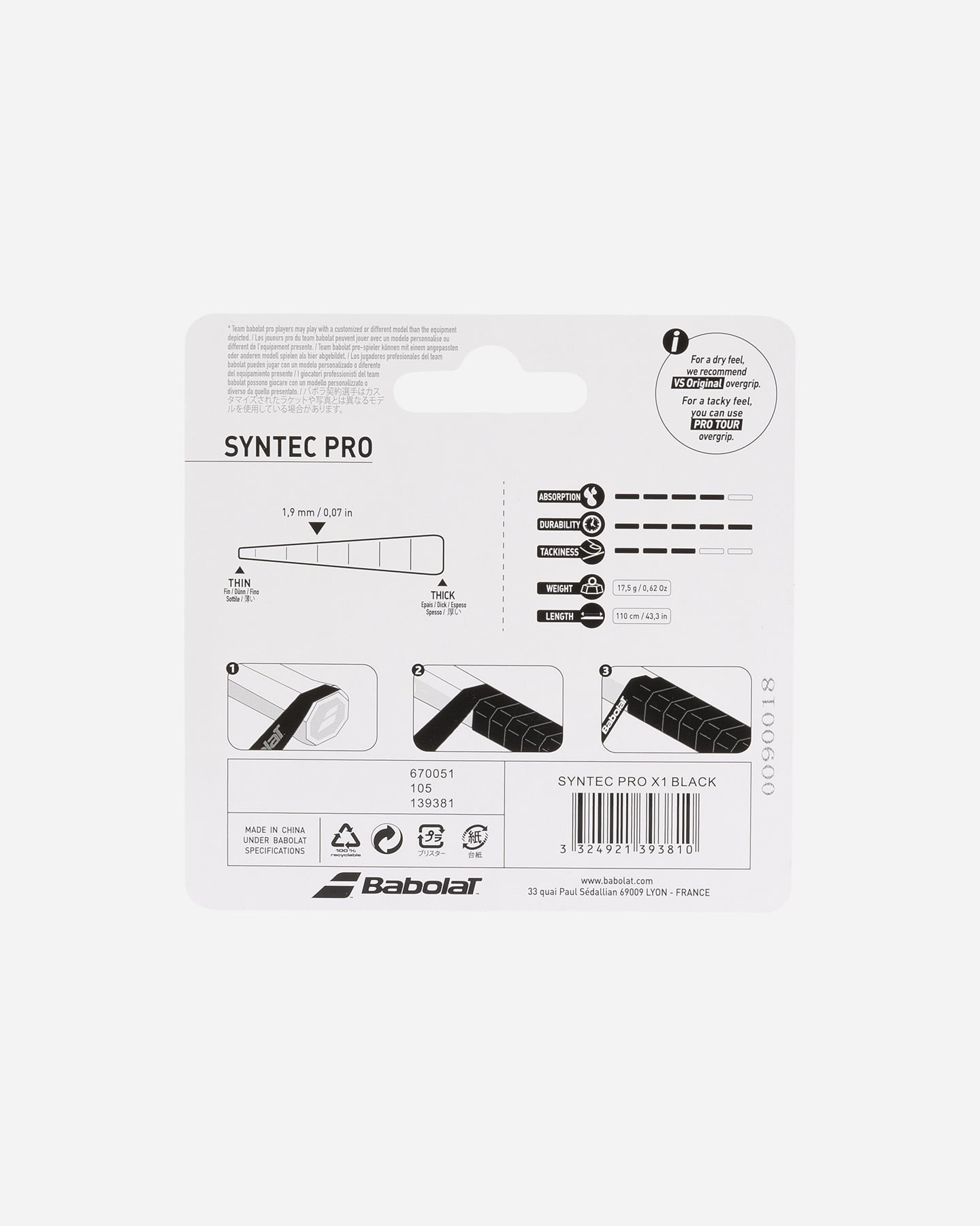 Grip tennis BABOLAT GRIP SYNTEC PRO - Nero - 1 | Cisalfa Sport