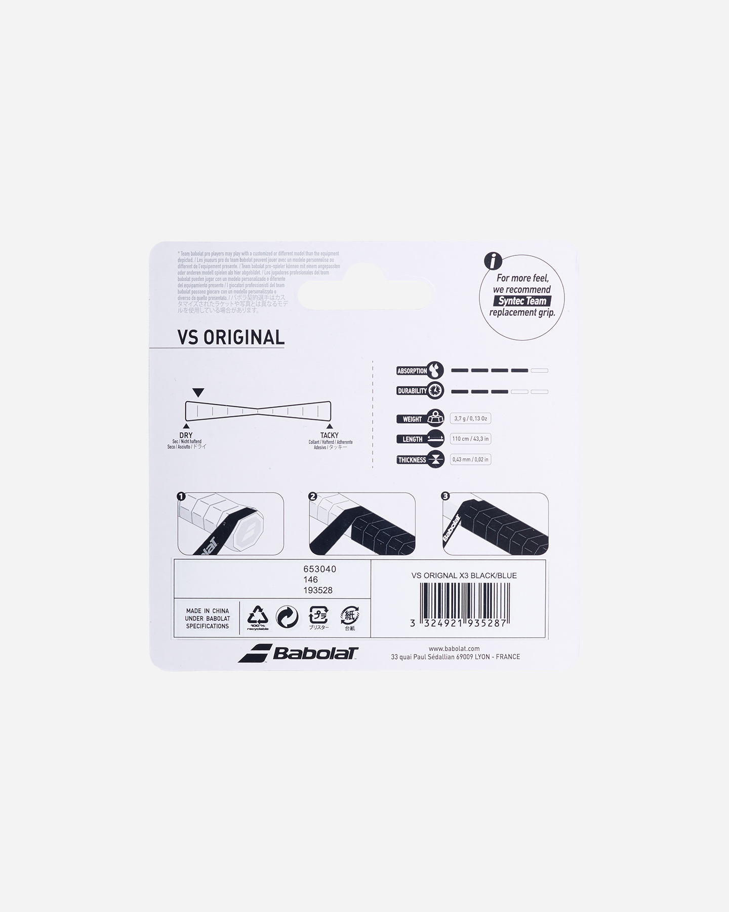 Grip tennis BABOLAT VS ORIGINAL X3  - Nero - 1 | Cisalfa Sport