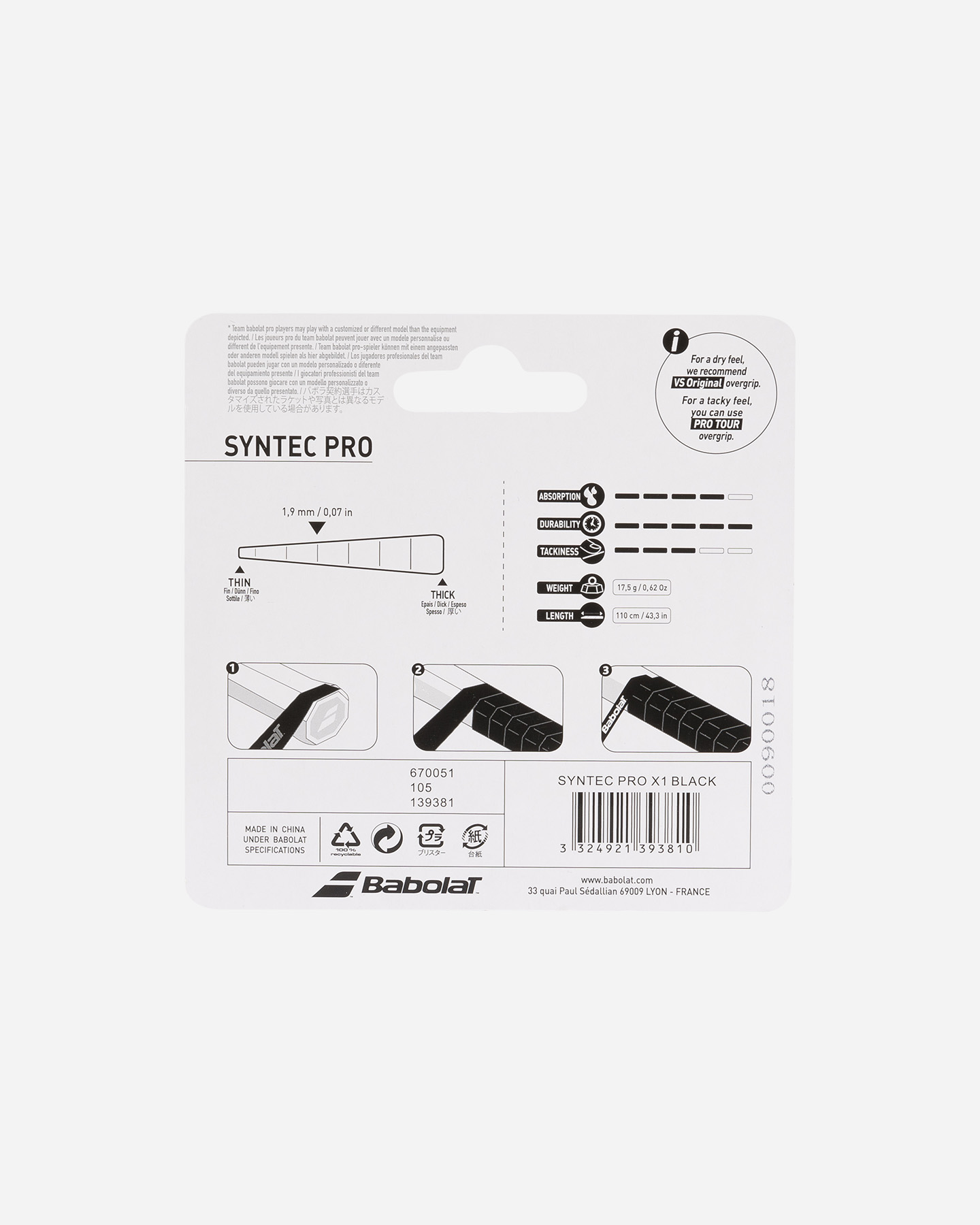 Grip tennis BABOLAT GRIP SYNTEC PRO - Nero - 1 | Cisalfa Sport