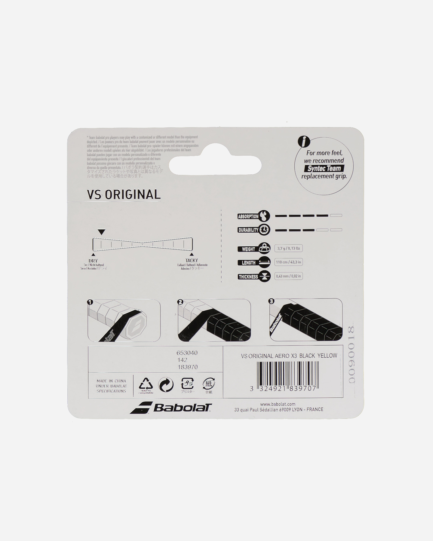 Grip tennis BABOLAT VS ORIGINAL BLK-YLLW  - Nero - 1 | Cisalfa Sport