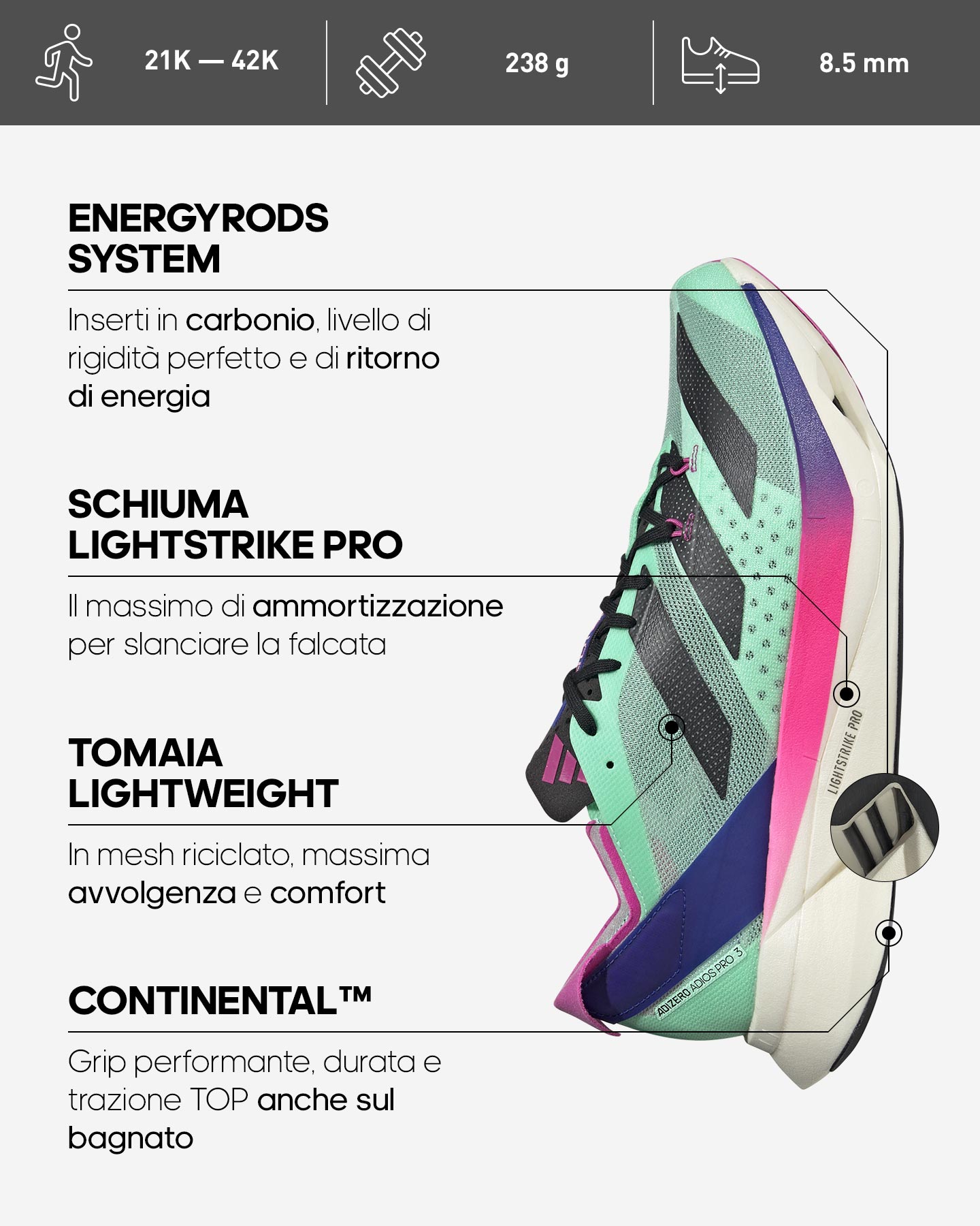 Scarpe running ADIDAS ADIZERO ADIOS PRO 3 M - 2 | Cisalfa Sport